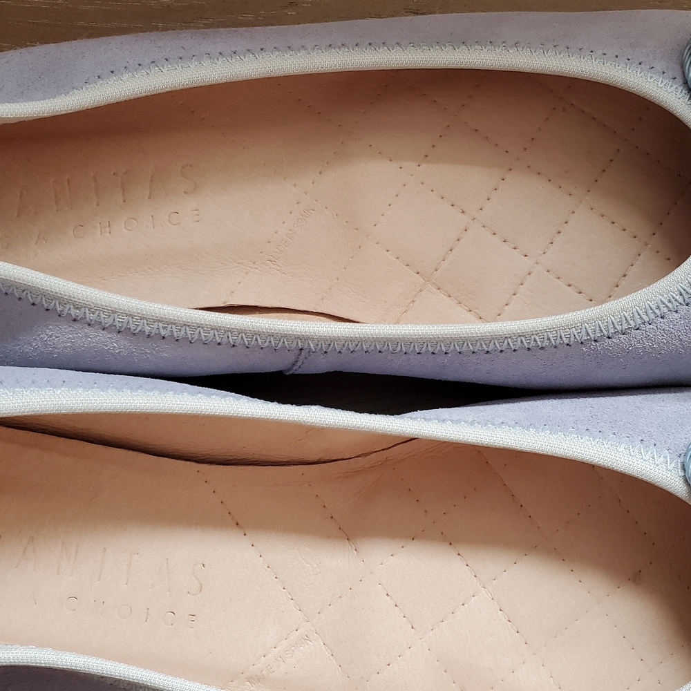 Ballerina Leather Flats - Suede, Periwinkle Blue With Silver Bow - Made In Spain - Picture 7 of 15